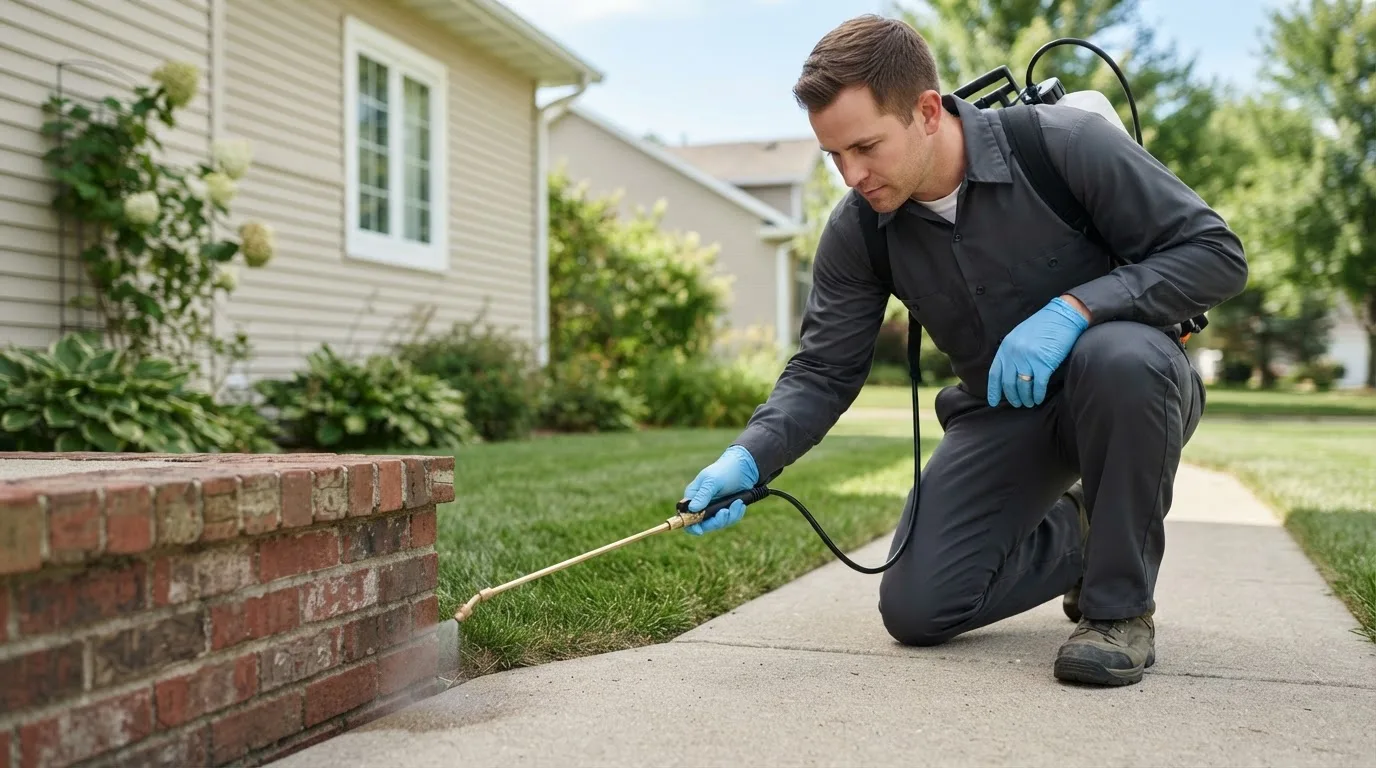 Pest control technician treating a home near Rome, NY